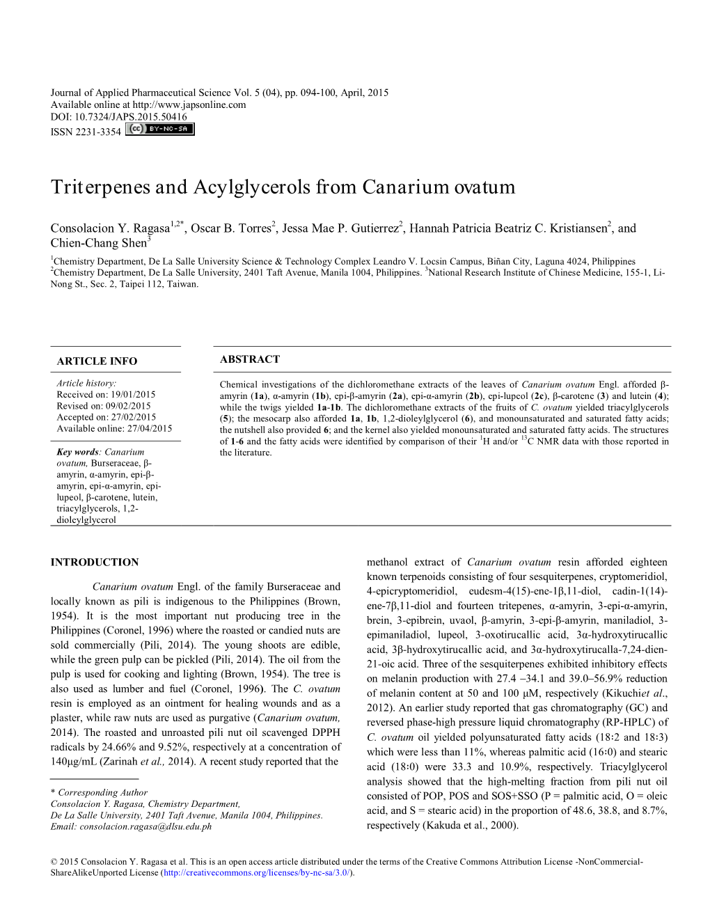 Triterpenes and Acylglycerols from Canarium Ovatum