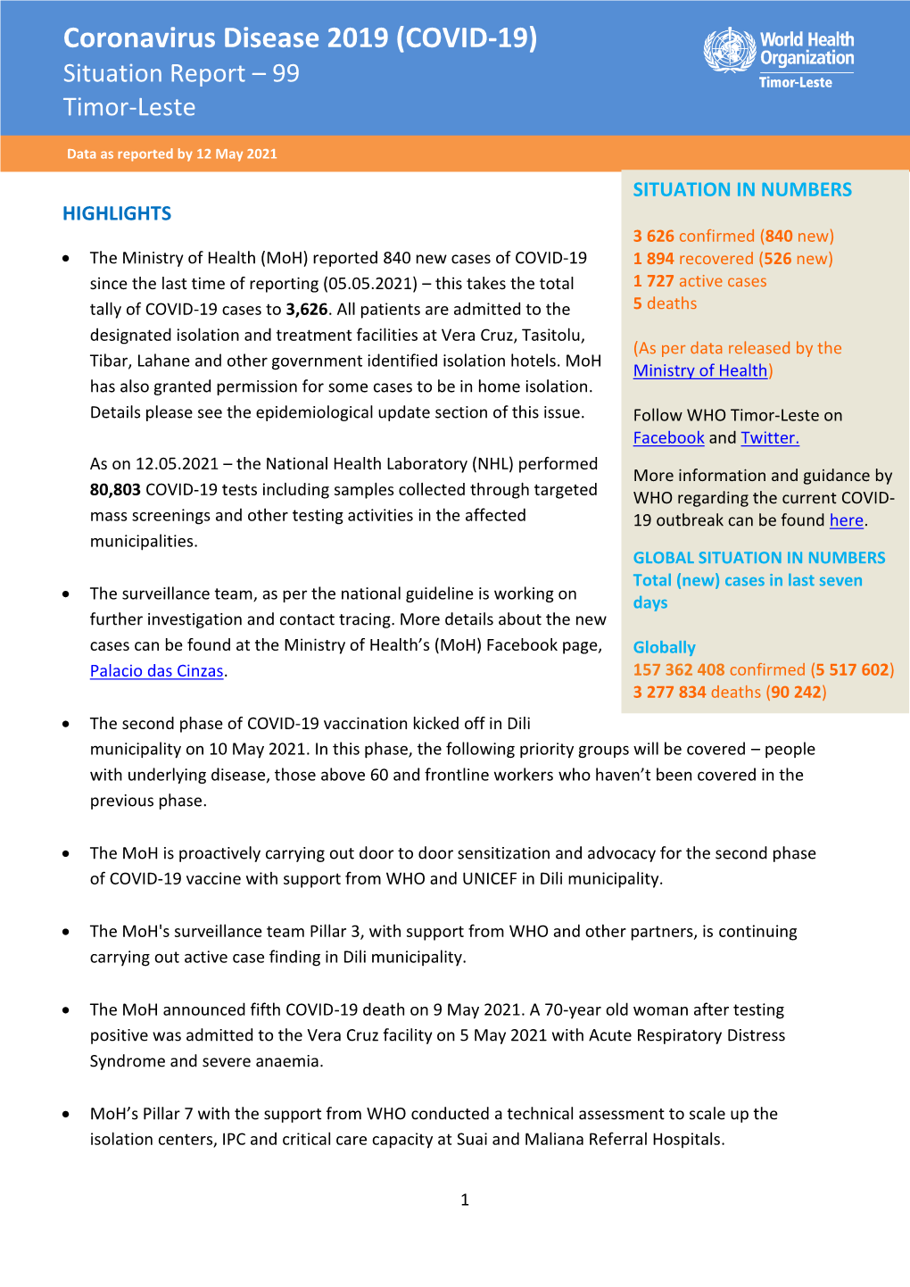 Coronavirus Disease 2019 (COVID-19) Situation Report – 99 Timor-Leste