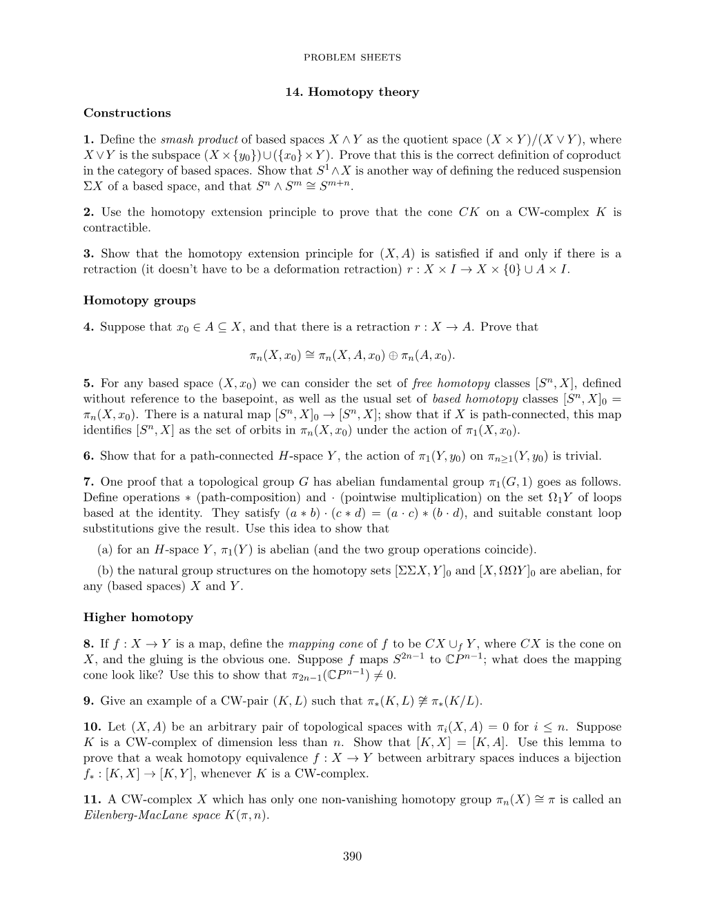 Problem Sheets 14. Homotopy Theory Constructions 1