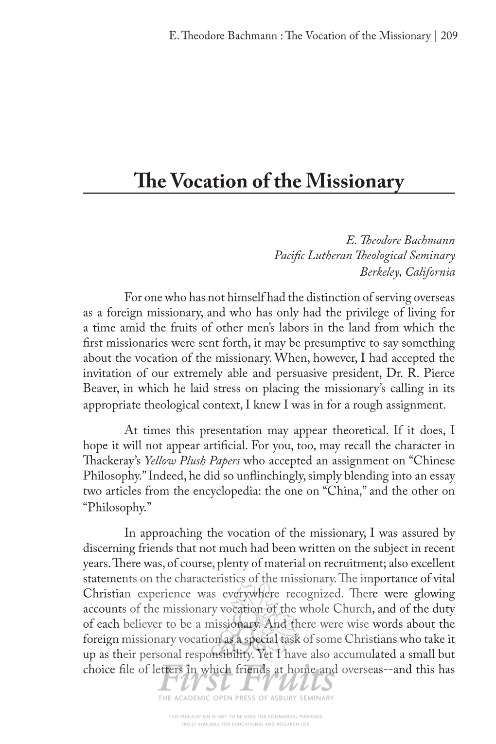 The Vocation of the Missionary