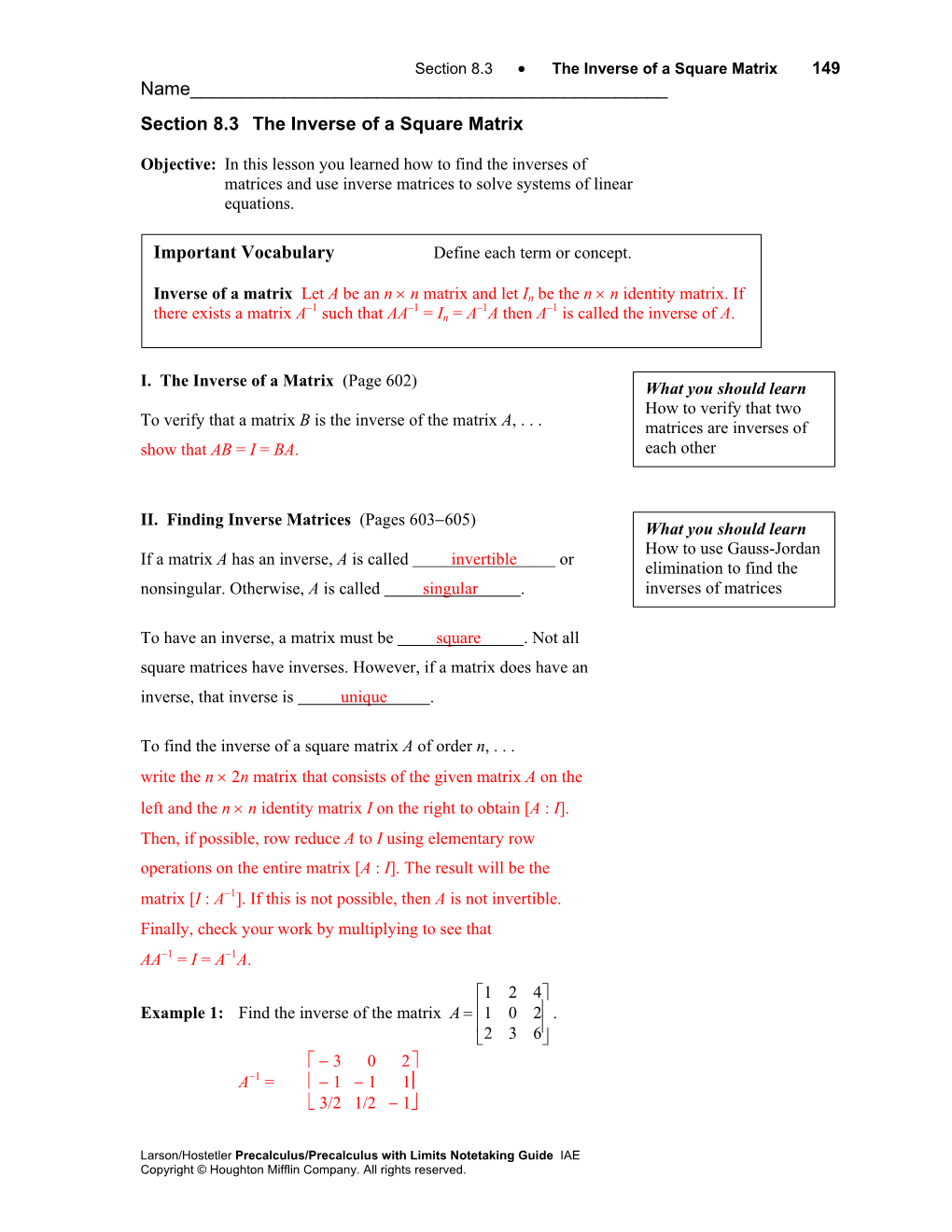 Section 8.3 the Inverse of a Square Matrix