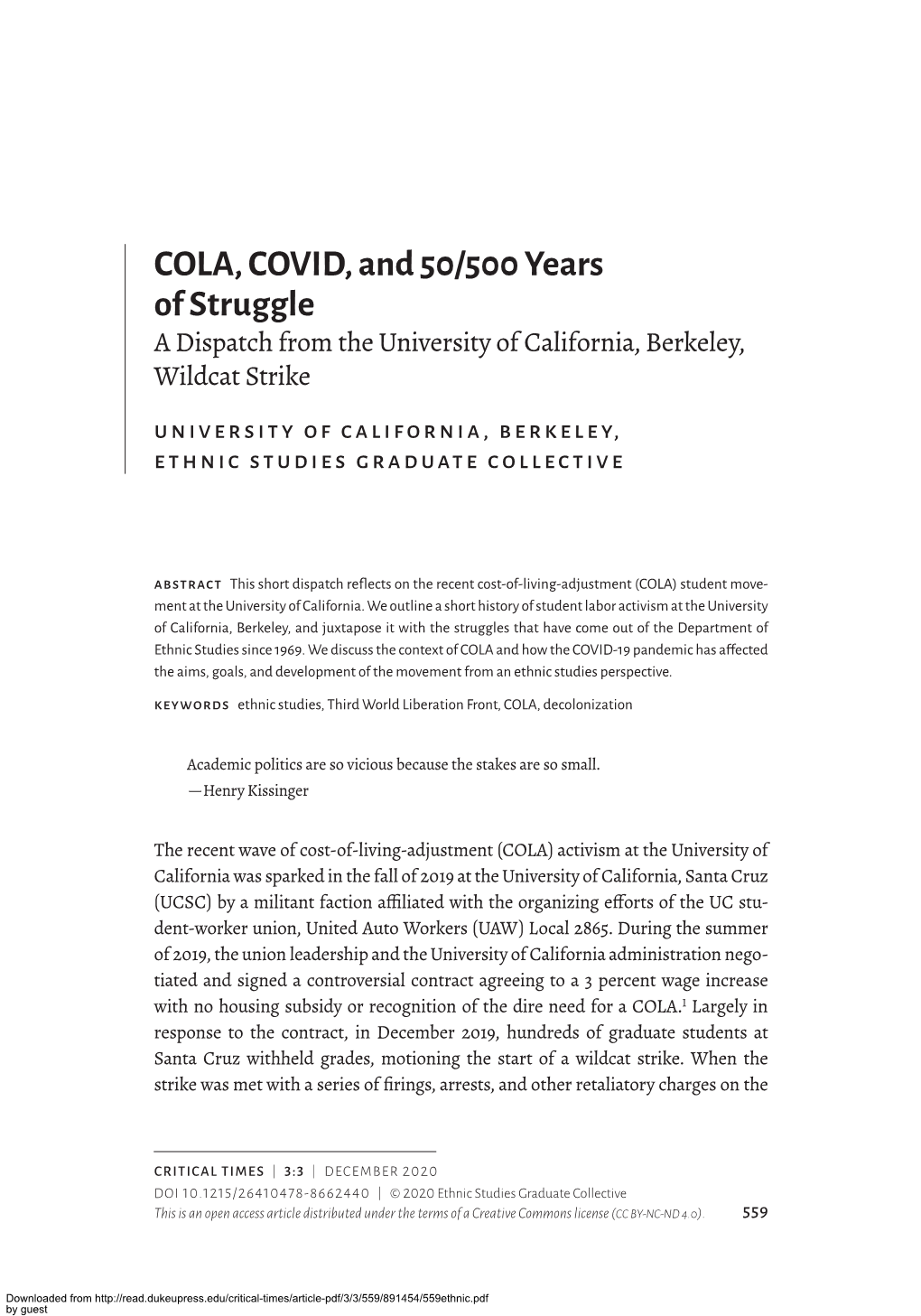 COLA, COVID, and 50/500 Years of Struggle