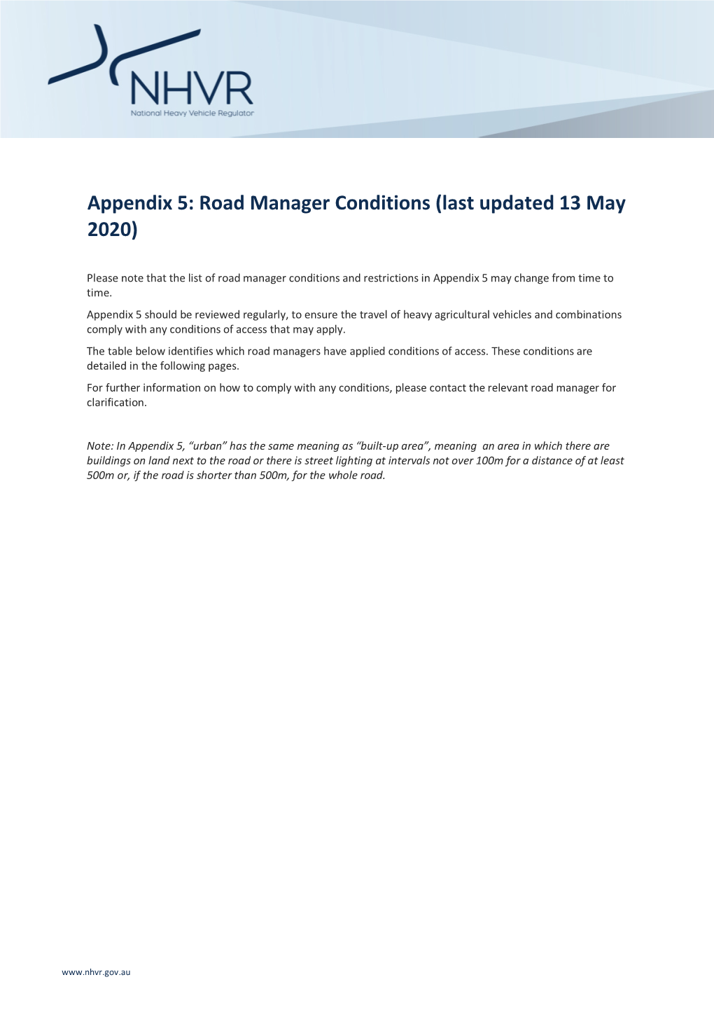 Appendix 5: Road Manager Conditions (Last Updated 13 May 2020)