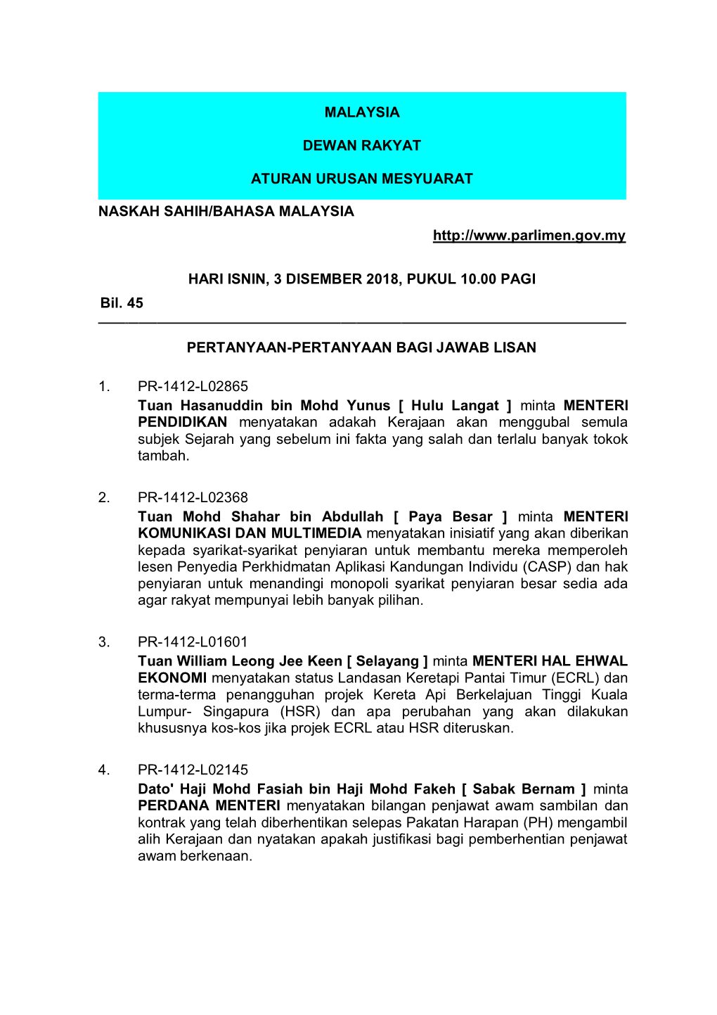 Malaysia Dewan Rakyat Aturan Urusan Mesyuarat