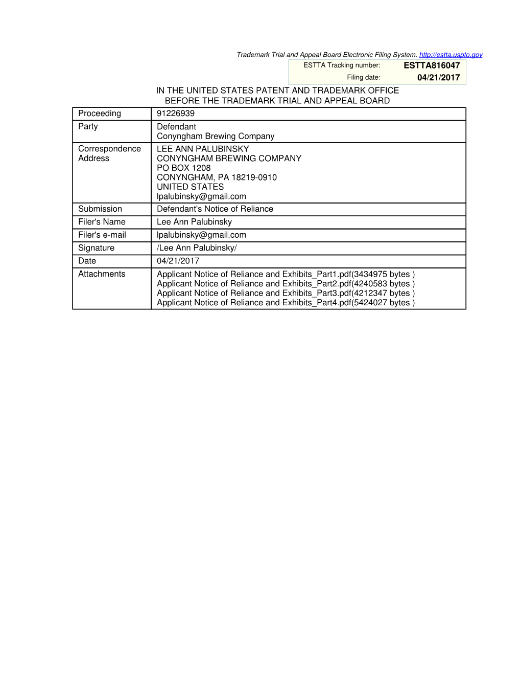 Estta816047 04/21/2017 in the United States Patent And