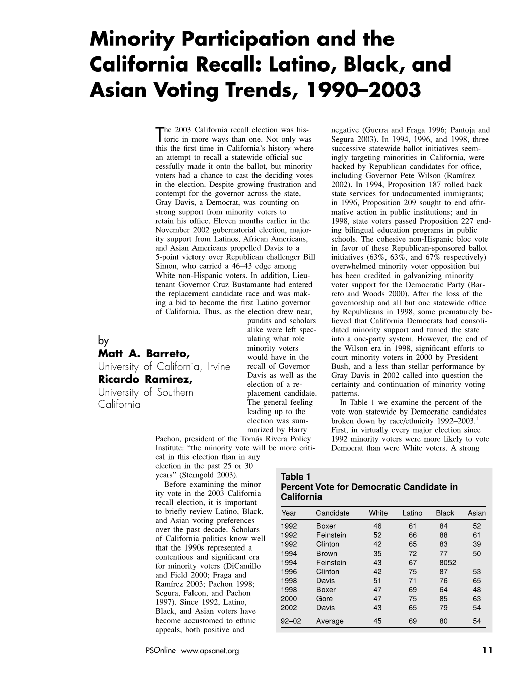 Minority Participation and the California Recall: Latino, Black, and Asian Voting Trends, 1990–2003