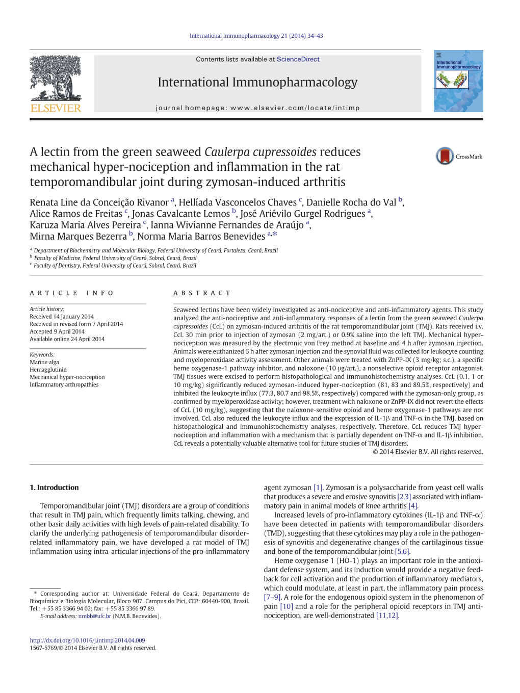 A Lectin from the Green Seaweed Caulerpa Cupressoides Reduces Mechanical Hyper-Nociception and Inflammation in the Rat Temporoma