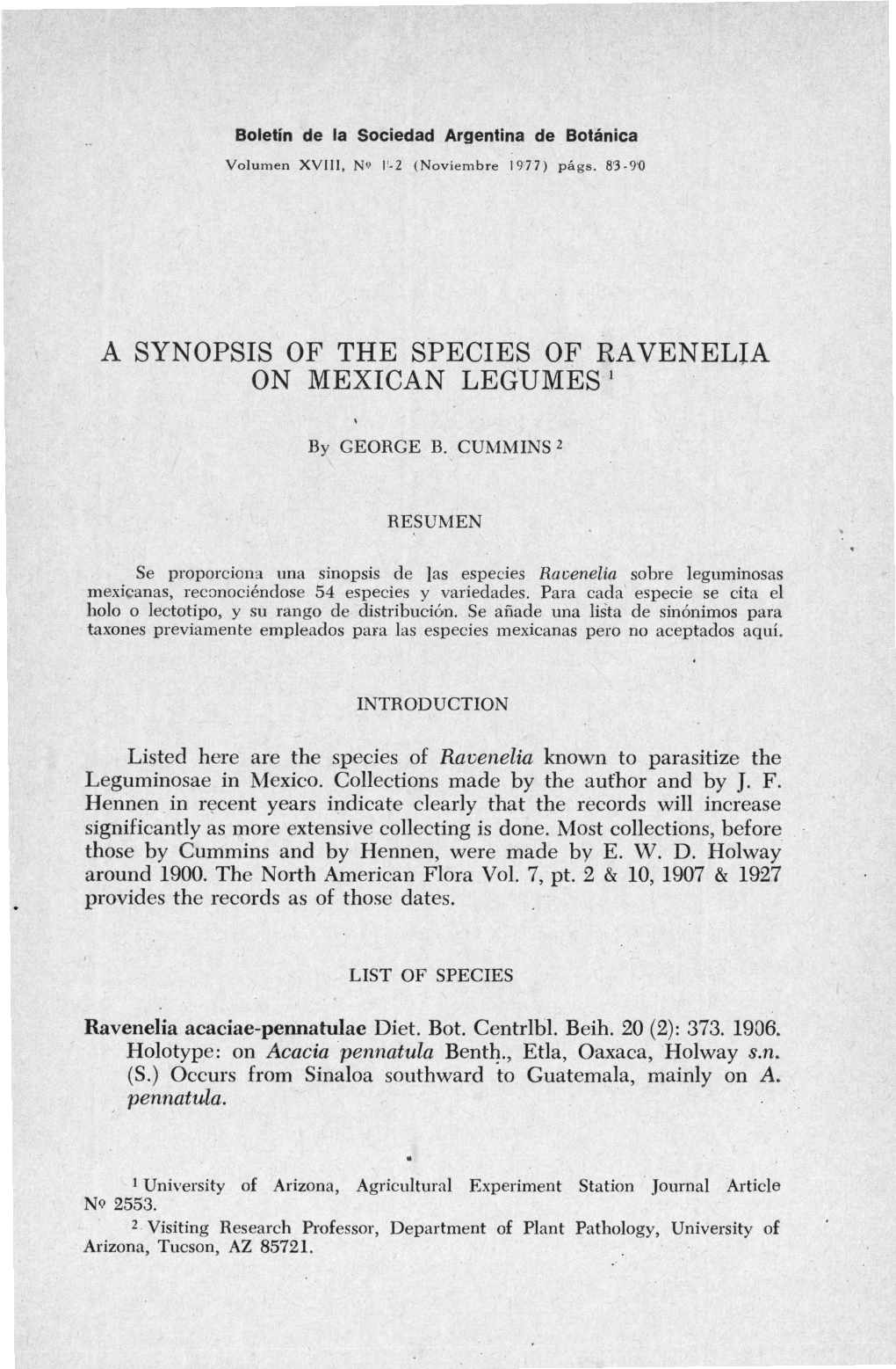 A SYNOPSIS of the SPECIES of RAVENELIA on MEXICAN LEGUMES I