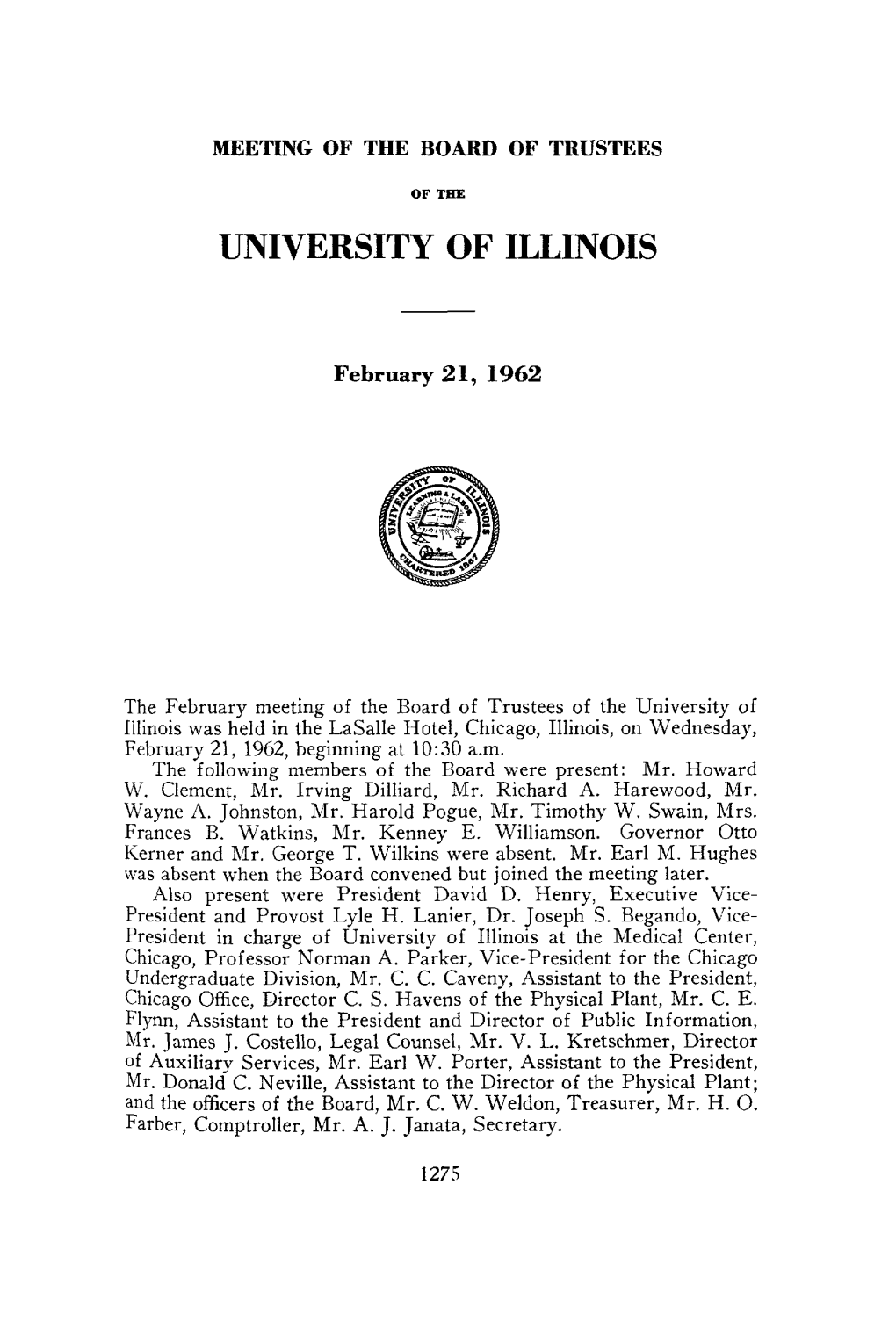 February 21, 1962, Minutes | UI Board of Trustees
