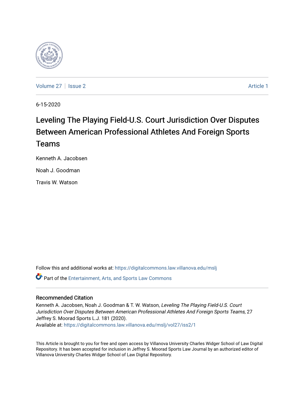 Leveling the Playing Field-U.S. Court Jurisdiction Over Disputes Between American Professional Athletes and Foreign Sports Teams