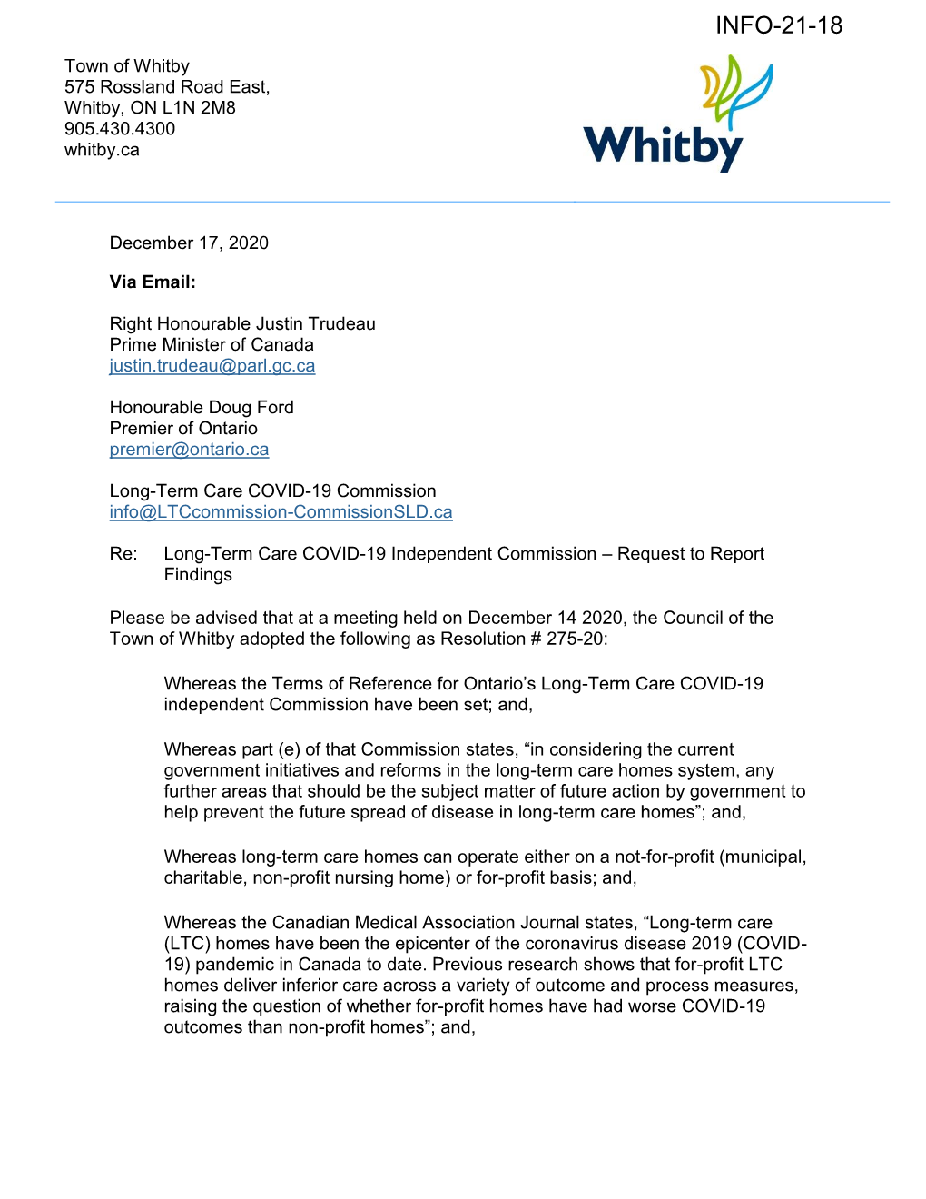 Town of Whitby Resolution Concerning Long Term Care COVID19