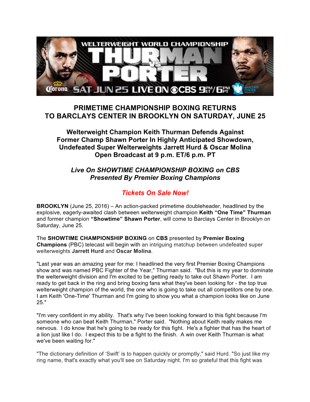 Primetime Championship Boxing Returns to Barclays Center in Brooklyn on Saturday, June 25