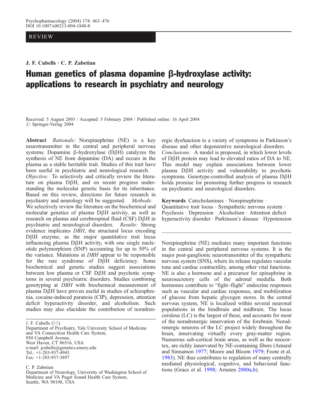 Human Genetics of Plasma Dopamine Β-Hydroxylase Activity: Applications to Research in Psychiatry and Neurology