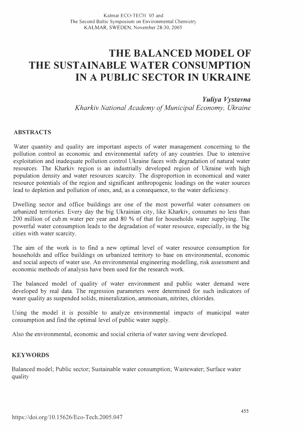 The Balanced Model of the Sustainable Water Consumption in a Public Sector in Ukraine