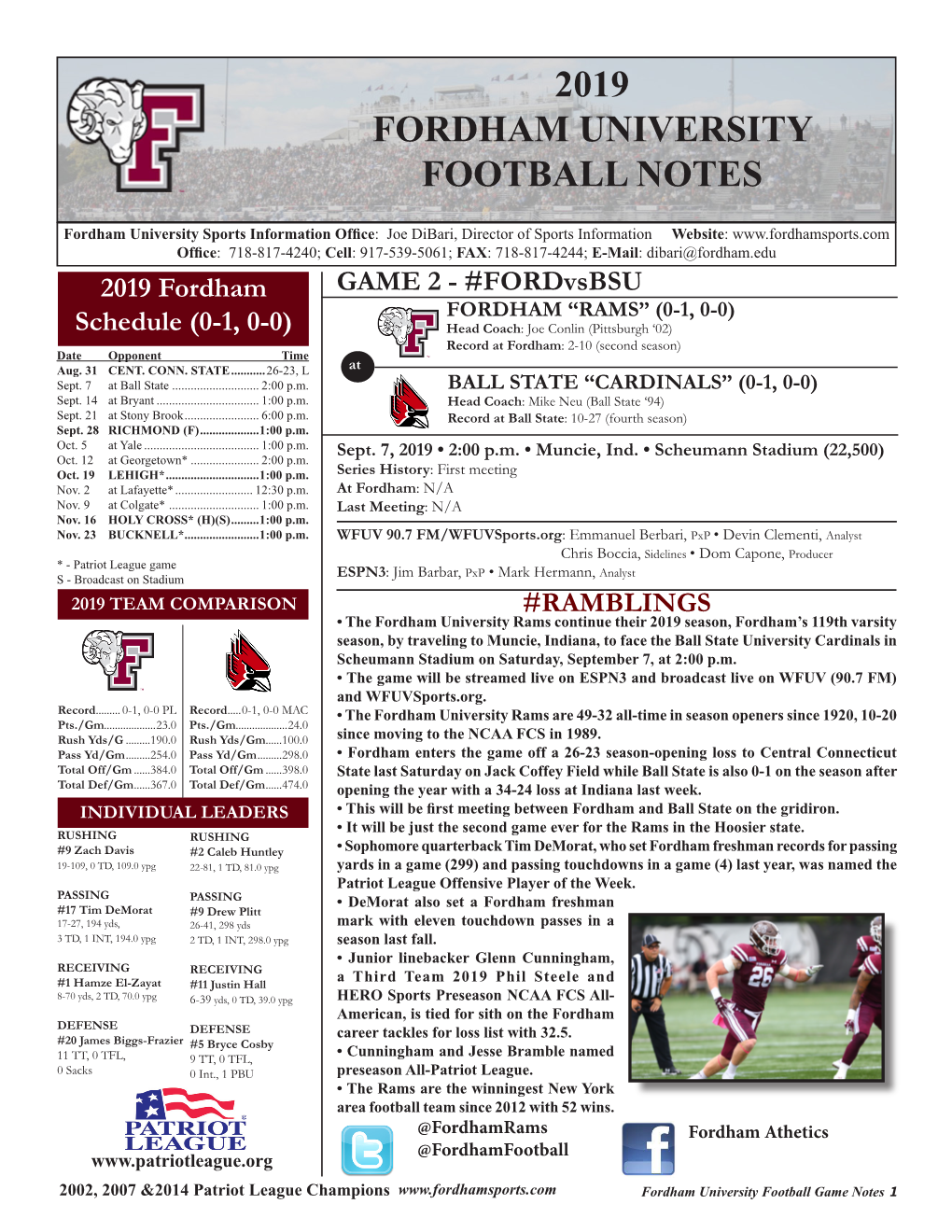 2019 Fordham University Football Notes