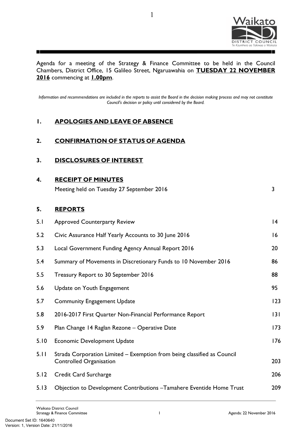 Agenda for a Meeting of the Strategy & Finance Committee to Be Held In