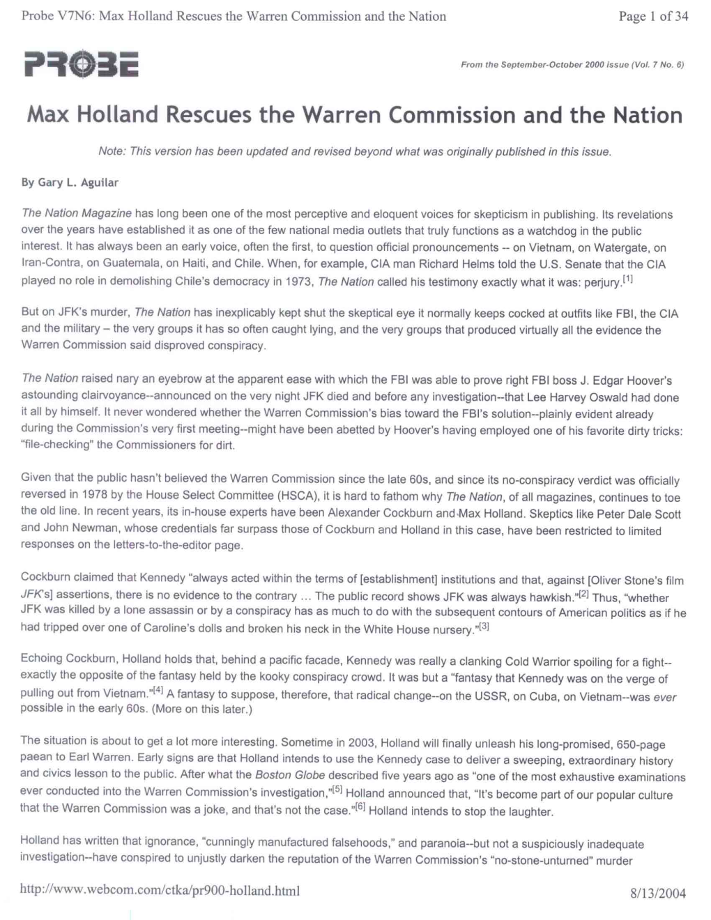 Max Holland Rescues the Warren Commission and the Nation� Page 1 of 34 � PRO3E from the September-October 2000 Issue (Vol