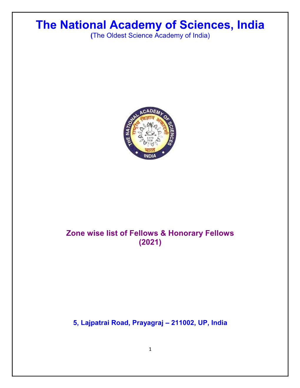 Zone Wise List of NASI Fellows