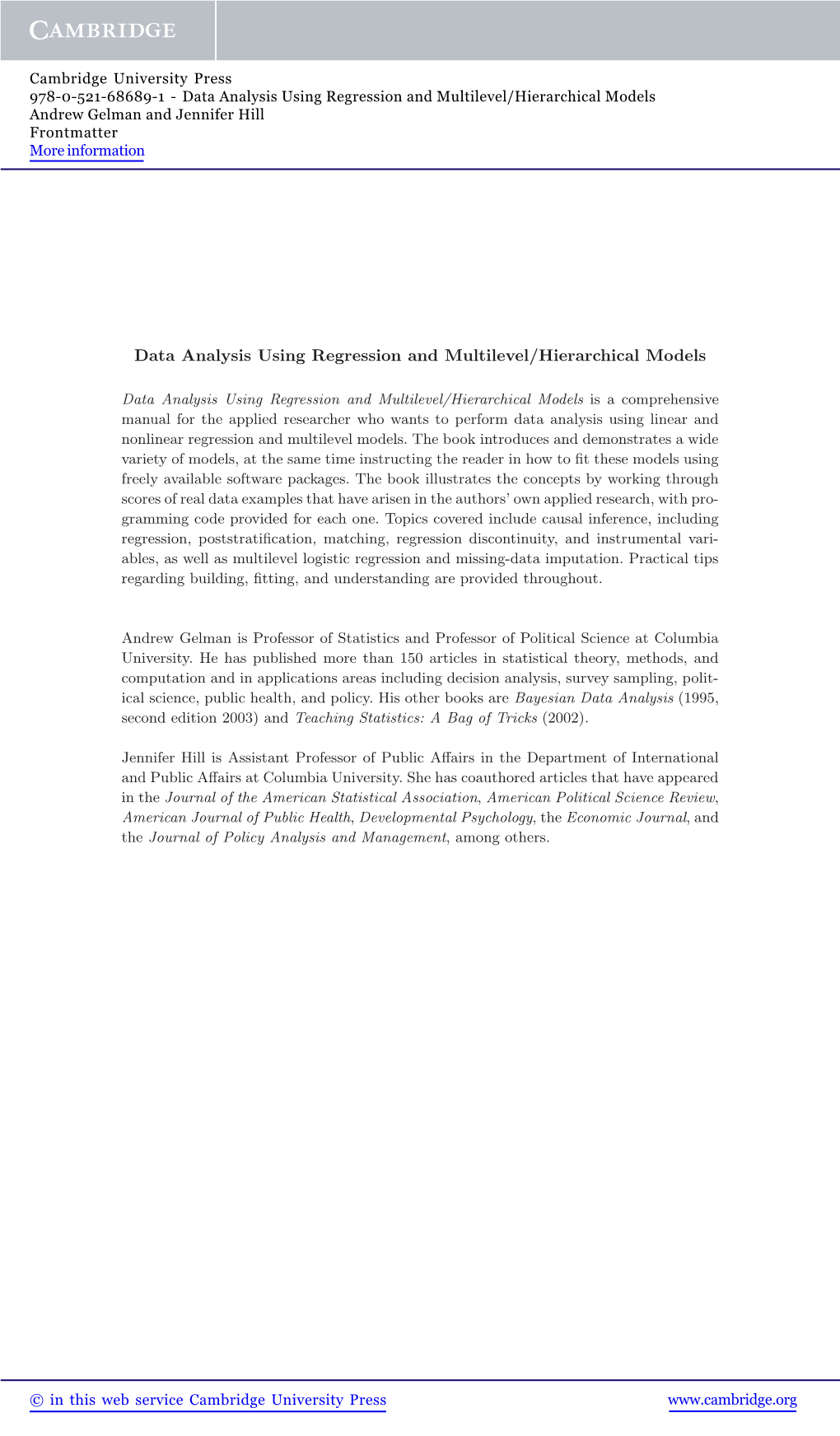 Data Analysis Using Regression and Multilevel/Hierarchical Models Andrew Gelman and Jennifer Hill Frontmatter More Information