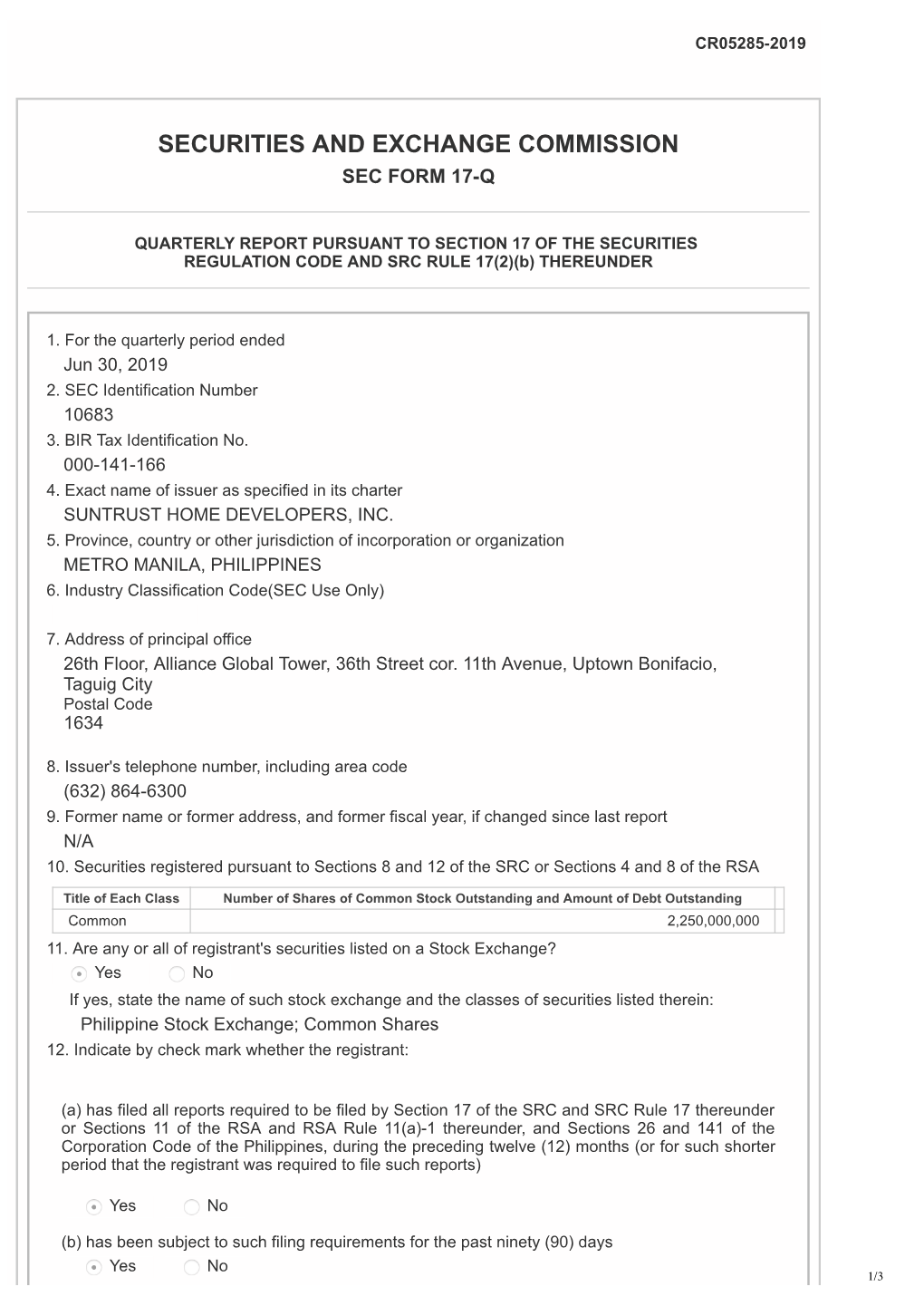 Securities and Exchange Commission Sec Form 17-Q