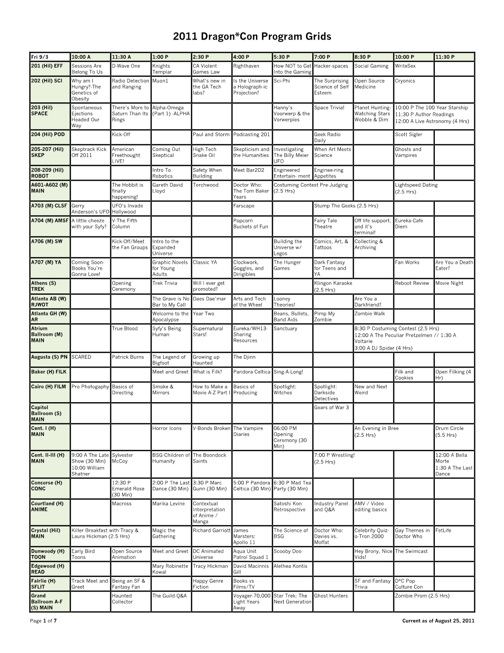 2011 Dragon*Con Program Grids