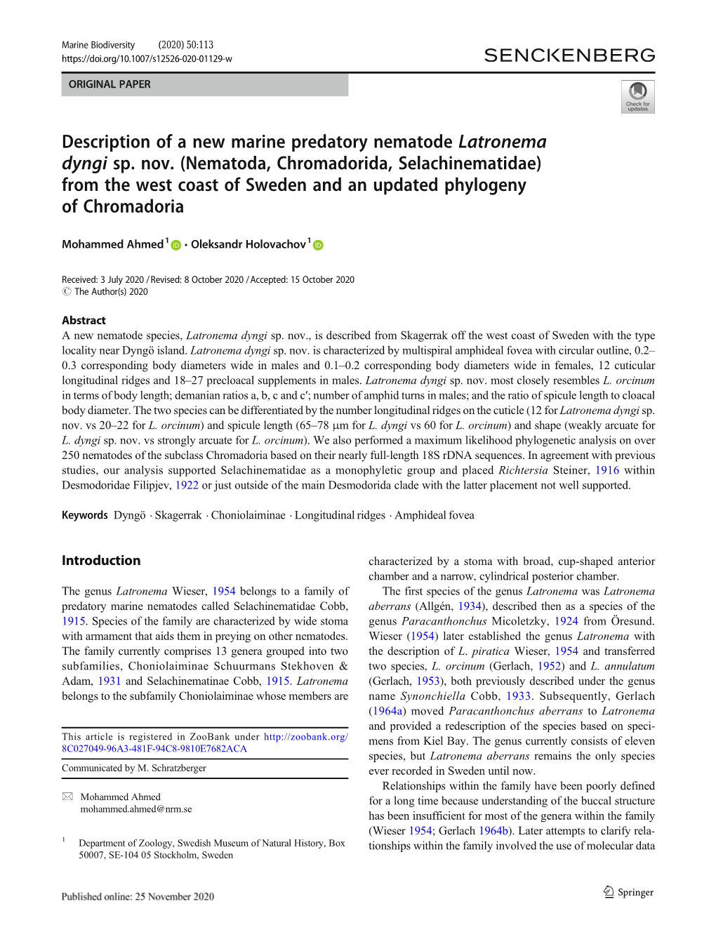 Nematoda, Chromadorida, Selachinematidae) from the West Coast of Sweden and an Updated Phylogeny of Chromadoria