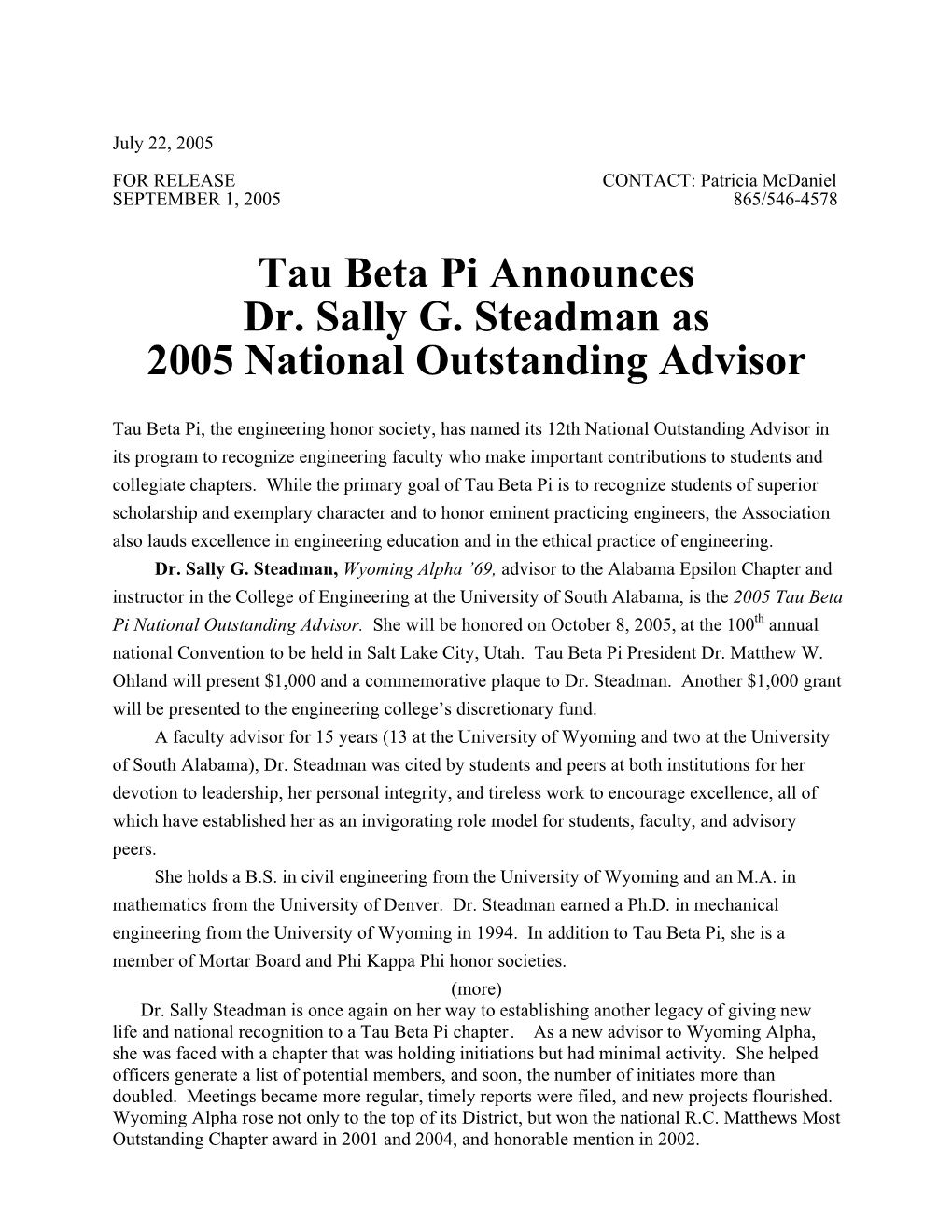 Tau Beta Pi Announces Dr. Sally G. Steadman As 2005 National Outstanding Advisor