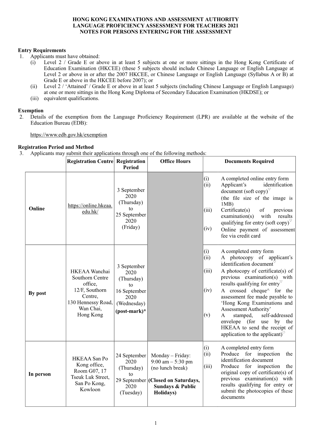 Hong Kong Examinations and Assessment Authority Language Proficiency Assessment for Teachers 2021 Notes for Persons Entering for the Assessment