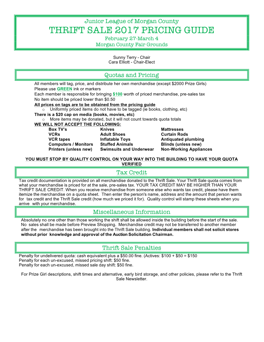 THRIFT SALE 2017 PRICING GUIDE February 27-March 4 Morgan County Fair Grounds