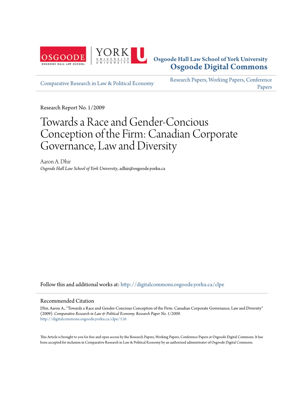 Canadian Corporate Governance, Law and Diversity Aaron A