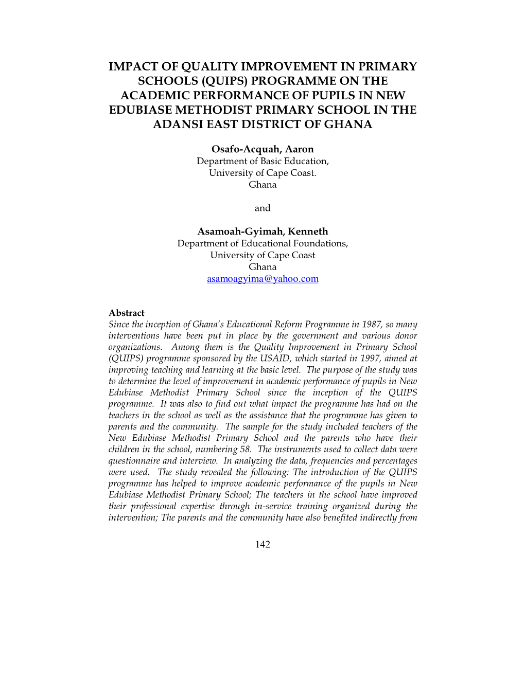 Impact of Quality Improvement in Primary Schools