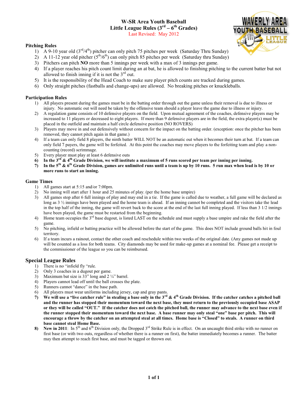 Waverly Youth Baseball Guidelines 3Rd & 4Th Grade