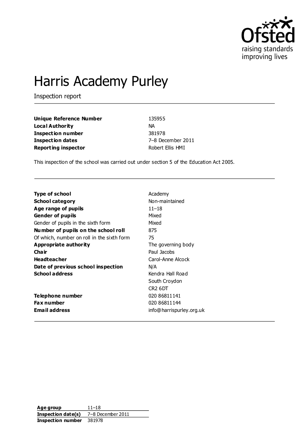 Harris Academy Purley Inspection Report