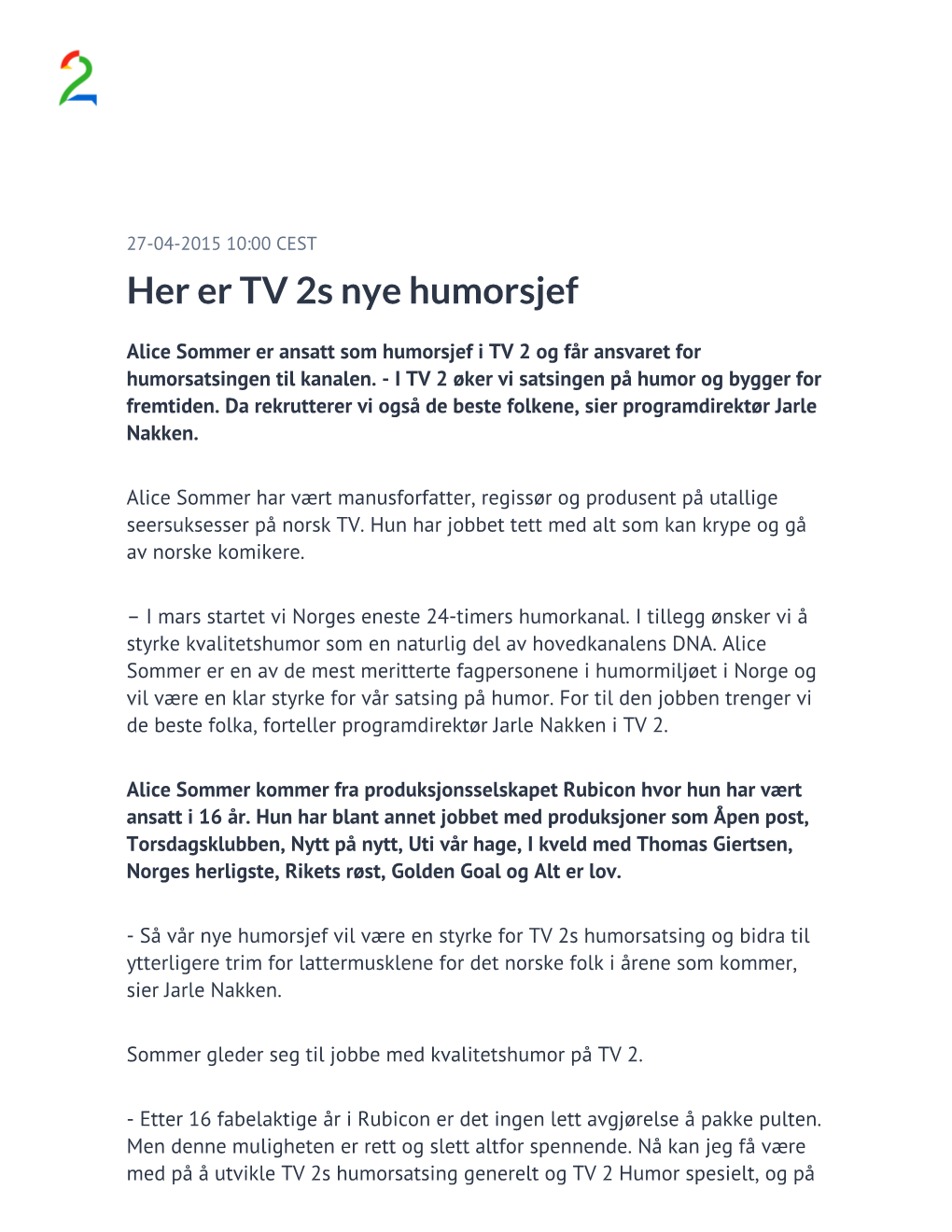 Her Er TV 2S Nye Humorsjef