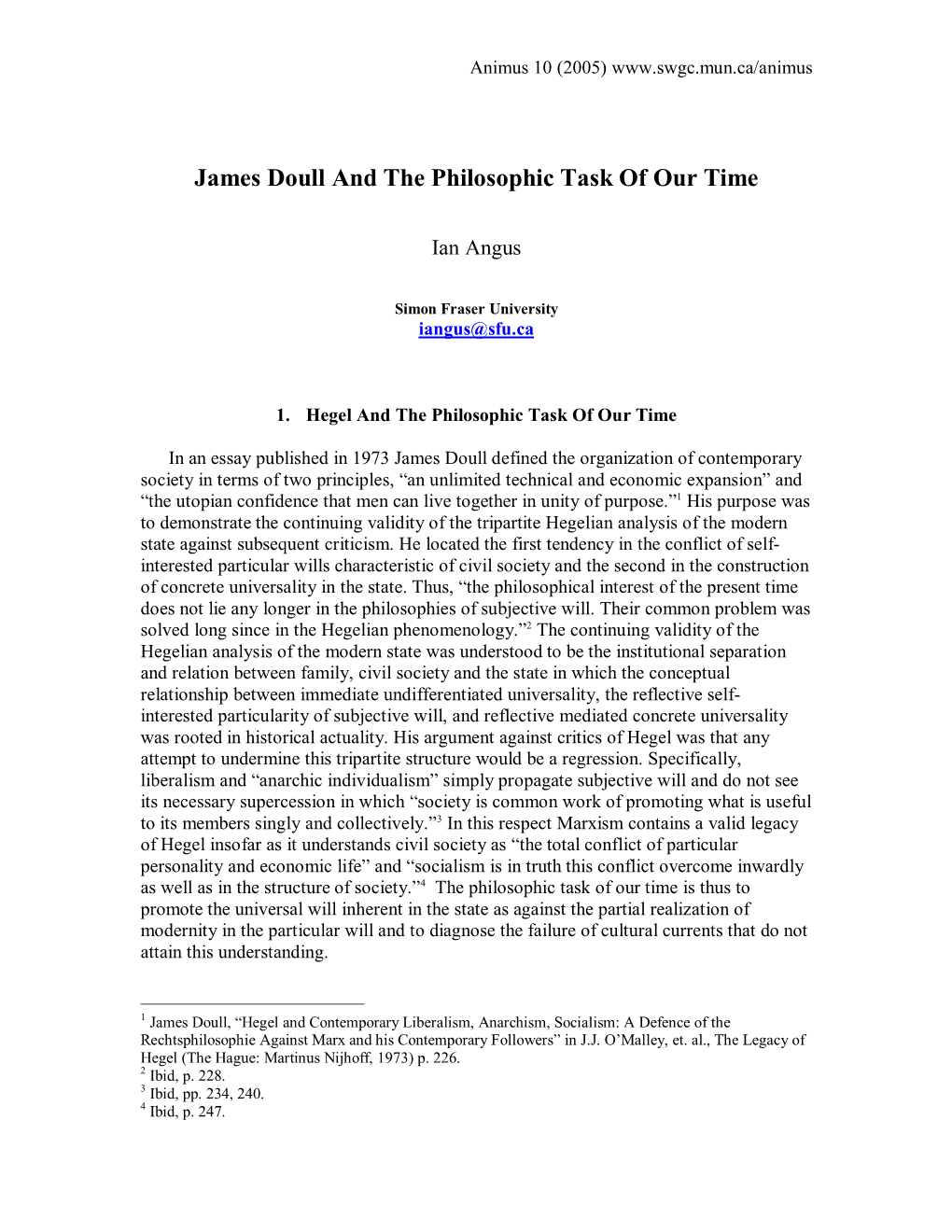 James Doull and the Philosophic Task of Our Time