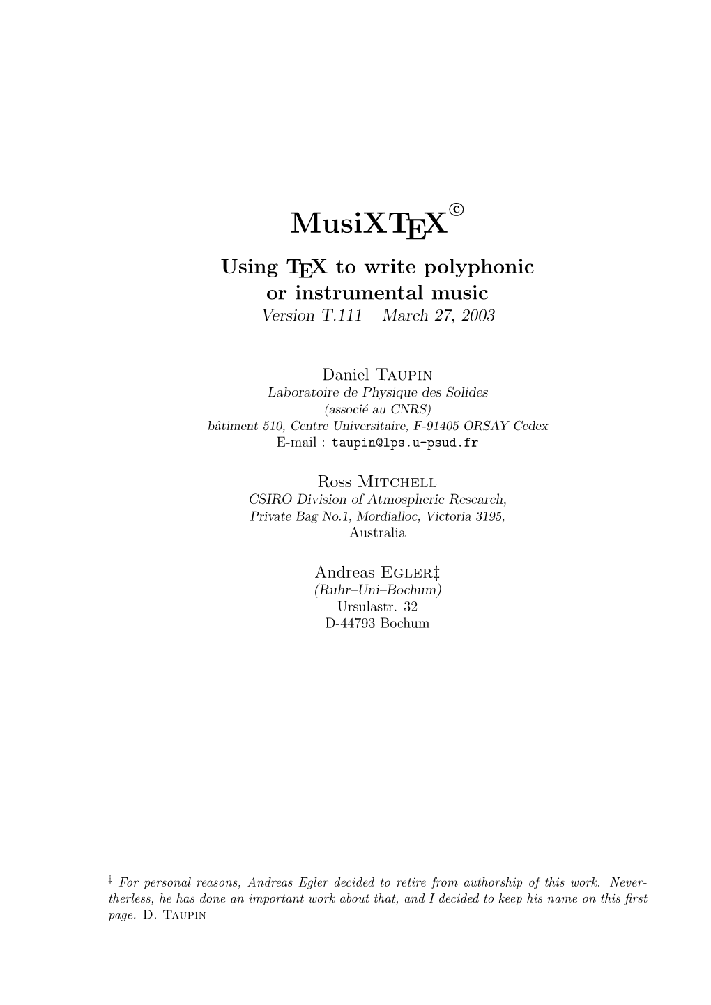 Musixtex Using TEX to Write Polyphonic Or Instrumental Music Version T.111 – March 27, 2003