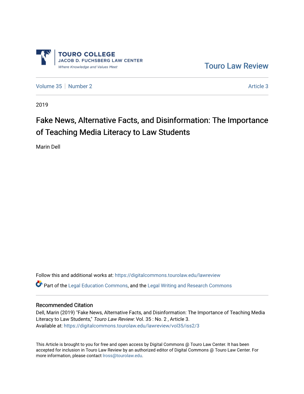 Fake News, Alternative Facts, and Disinformation: the Importance of Teaching Media Literacy to Law Students