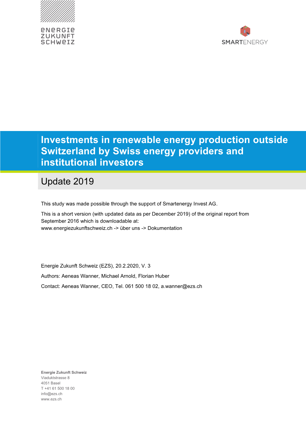 Investments in Renewable Energy Production Outside Switzerland by Swiss Energy Providers and Institutional Investors