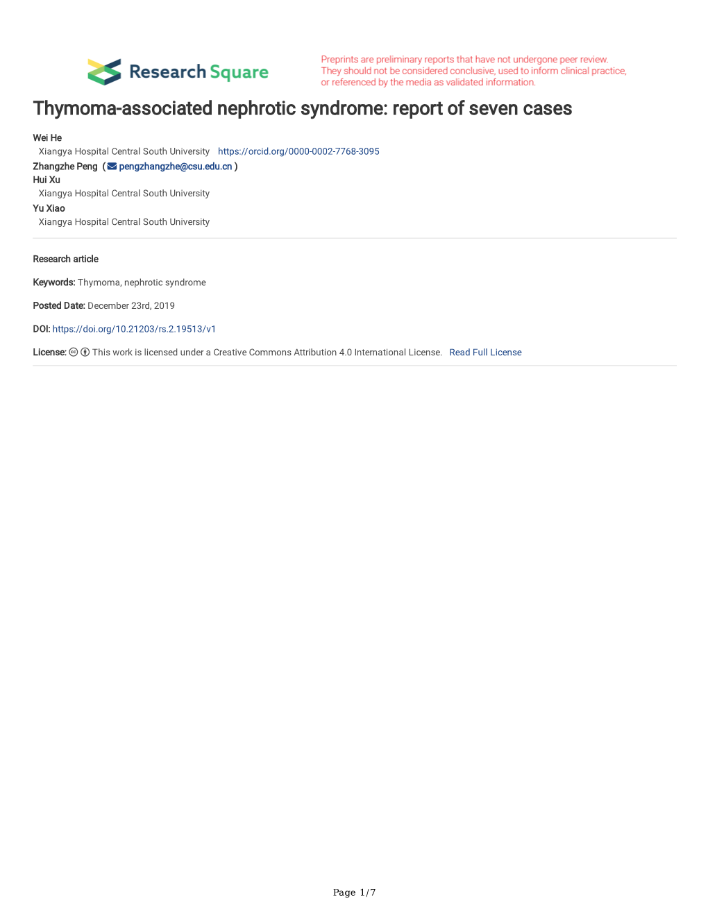 Thymoma-Associated Nephrotic Syndrome: Report of Seven Cases