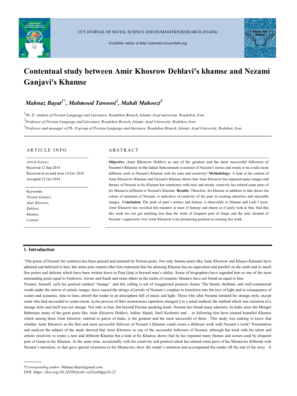 Contentual Study Between Amir Khosrow Dehlavi's Khamse and Nezami Ganjavi's Khamse