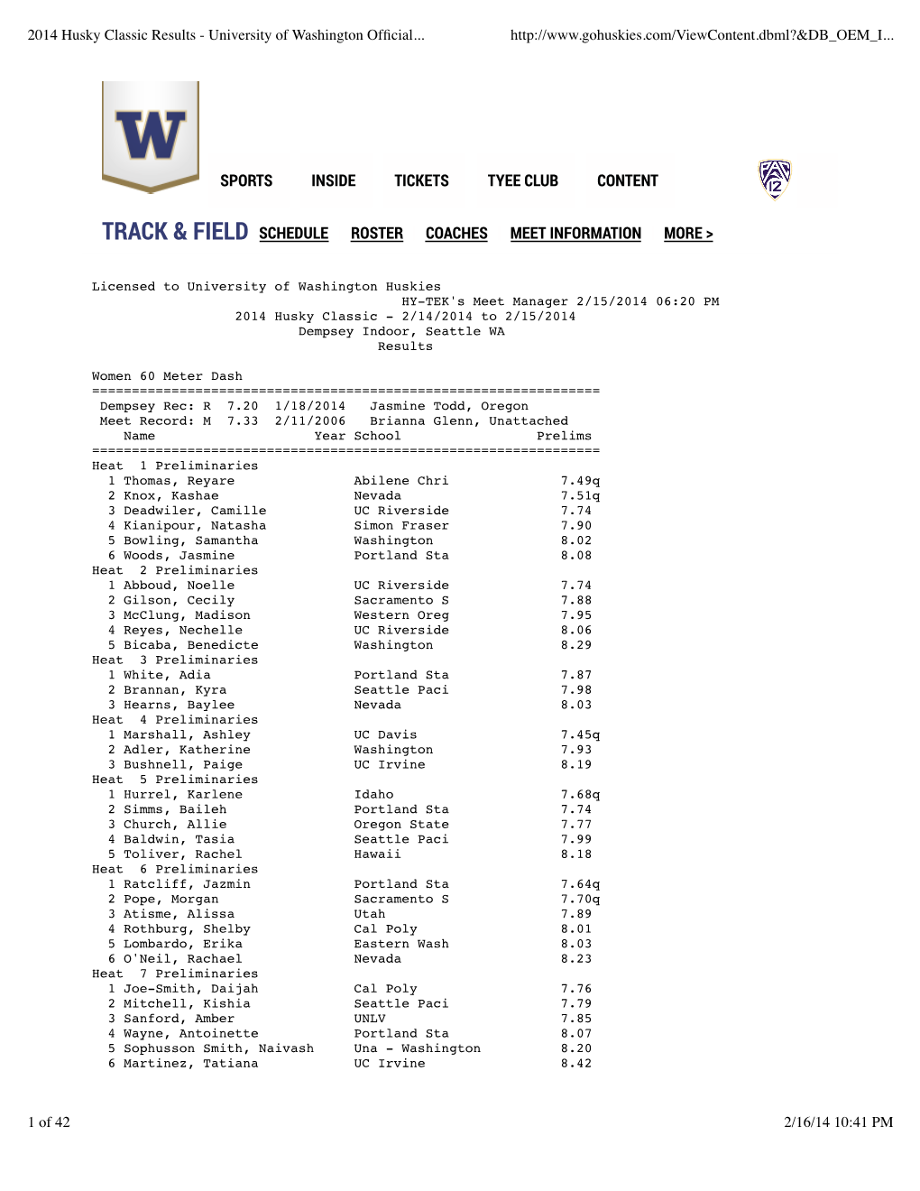 2014 Husky Classic Results - University of Washington Ofﬁcial