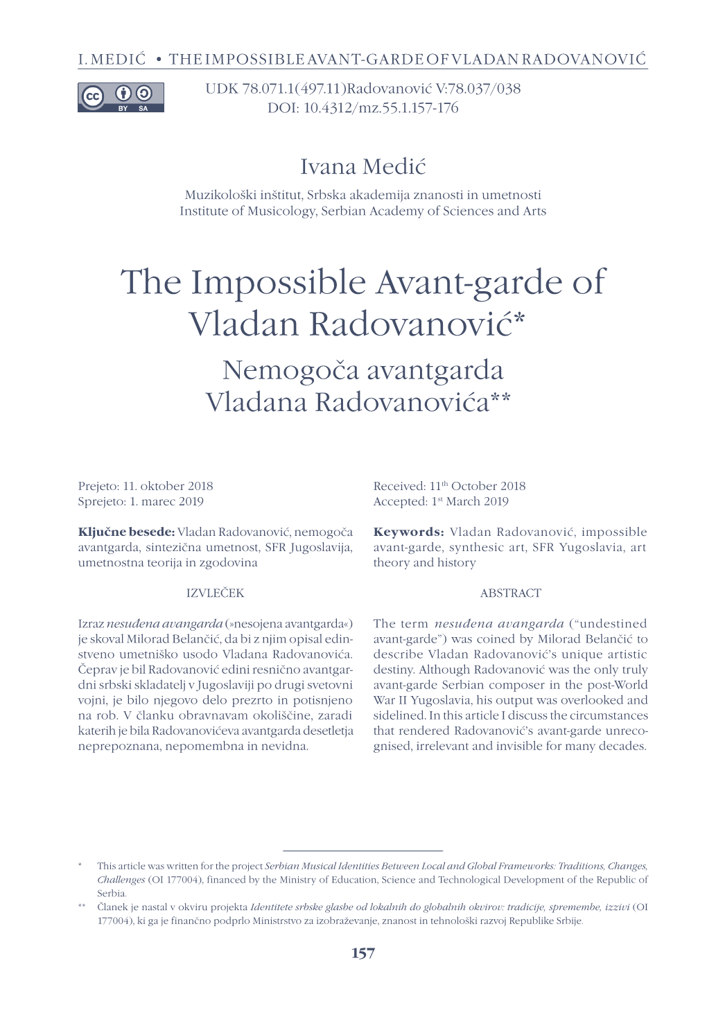 The Impossible Avant-Garde of Vladan Radovanović*1 Nemogoča Avantgarda Vladana Radovanovića**2