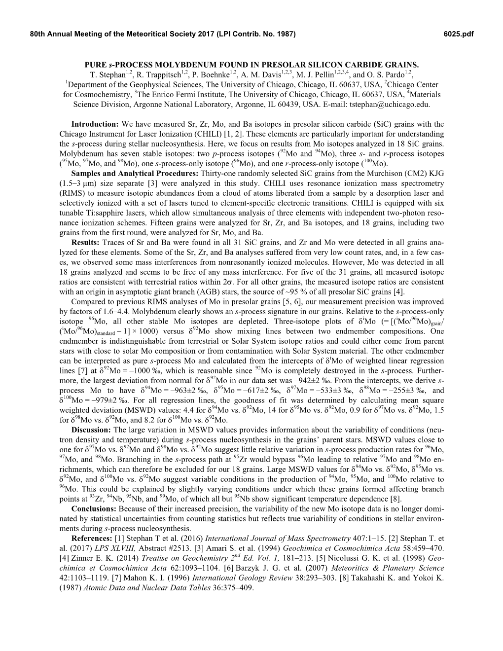 PURE S-PROCESS MOLYBDENUM FOUND in PRESOLAR SILICON CARBIDE GRAINS