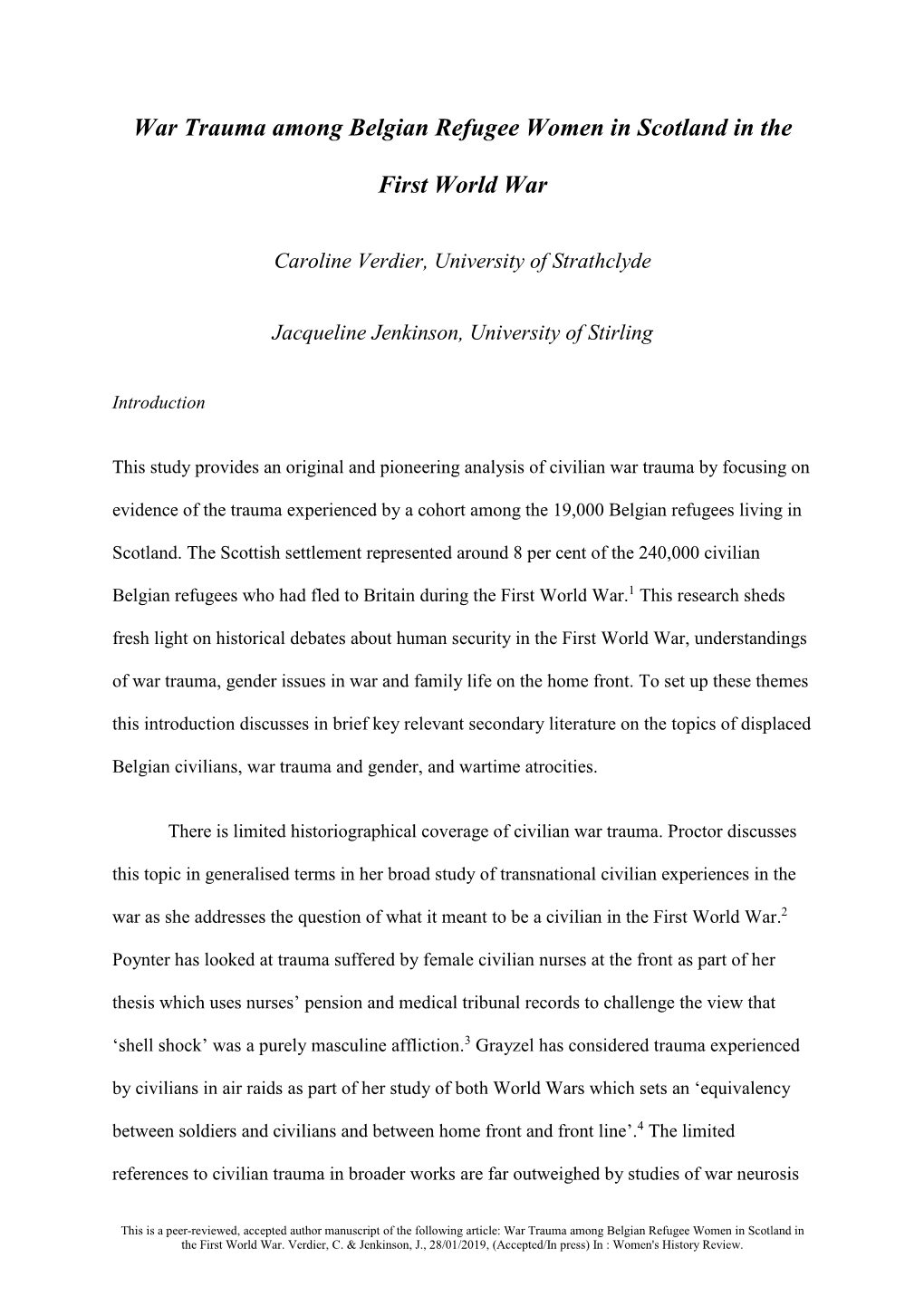 War Trauma Among Belgian Refugee Women in Scotland in the First World War