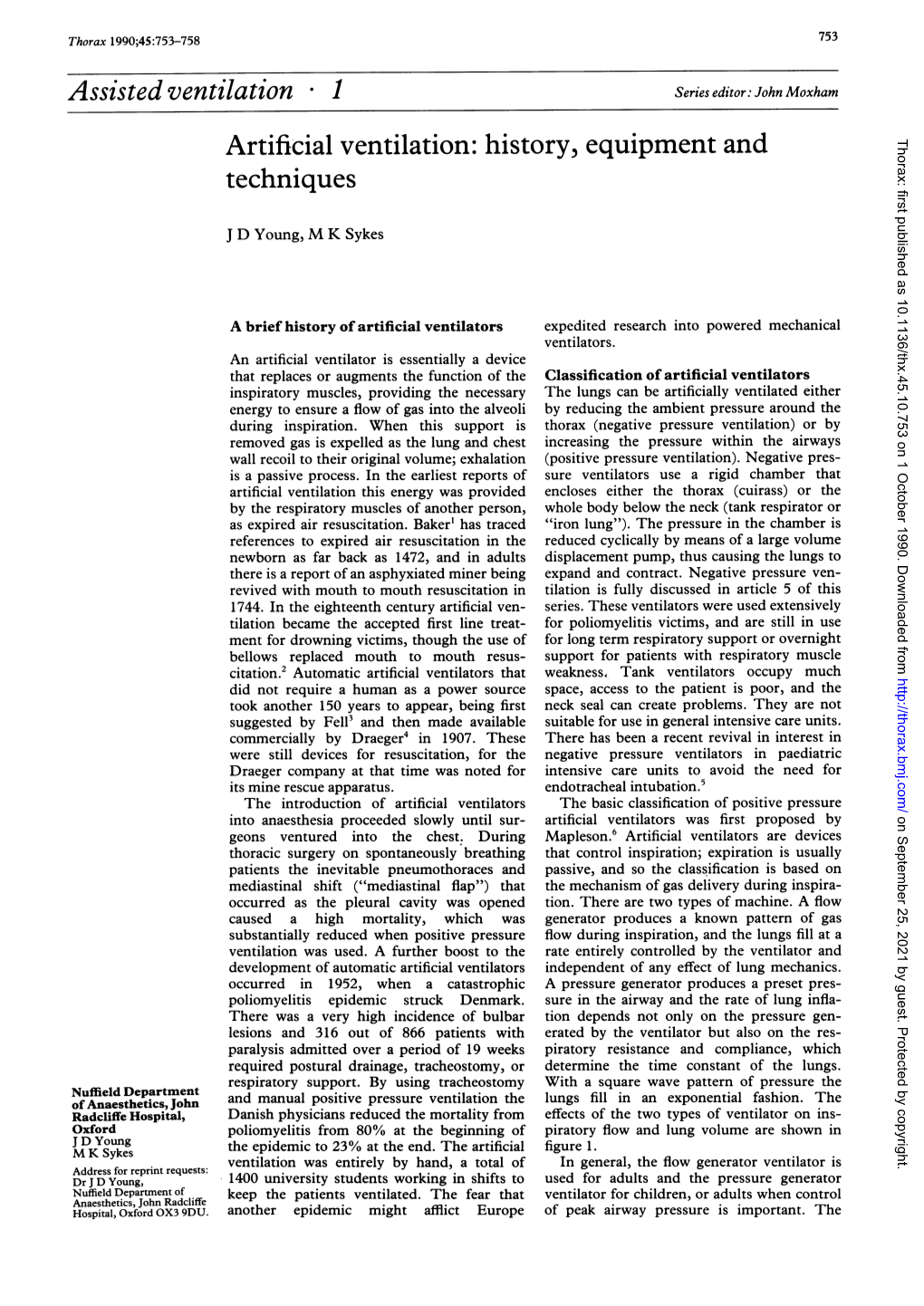 Artificial Ventilation: History, Equipment and Techniques 755