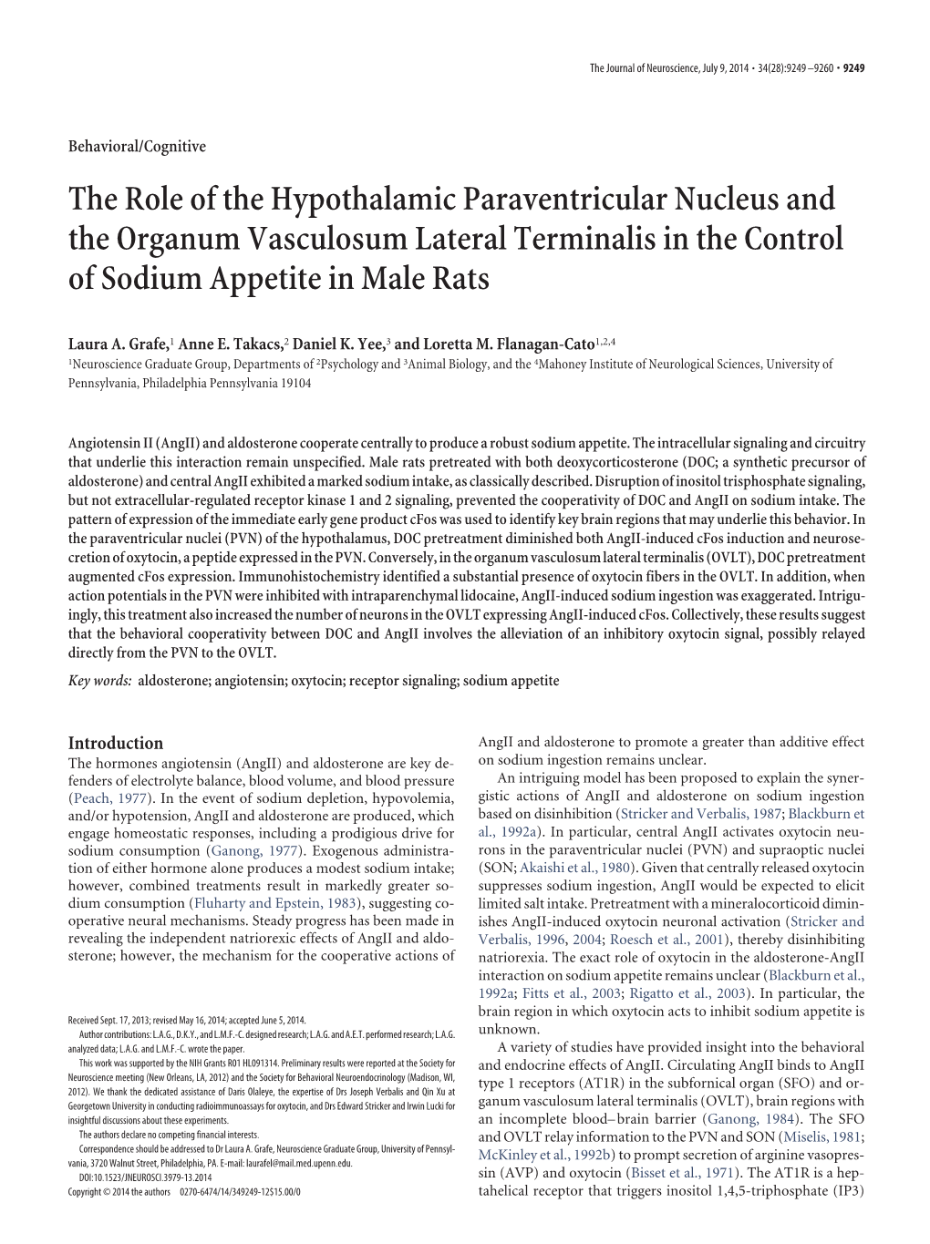 The Role of the Hypothalamic Paraventricular Nucleus and the Organum Vasculosum Lateral Terminalis in the Control of Sodium Appetite in Male Rats