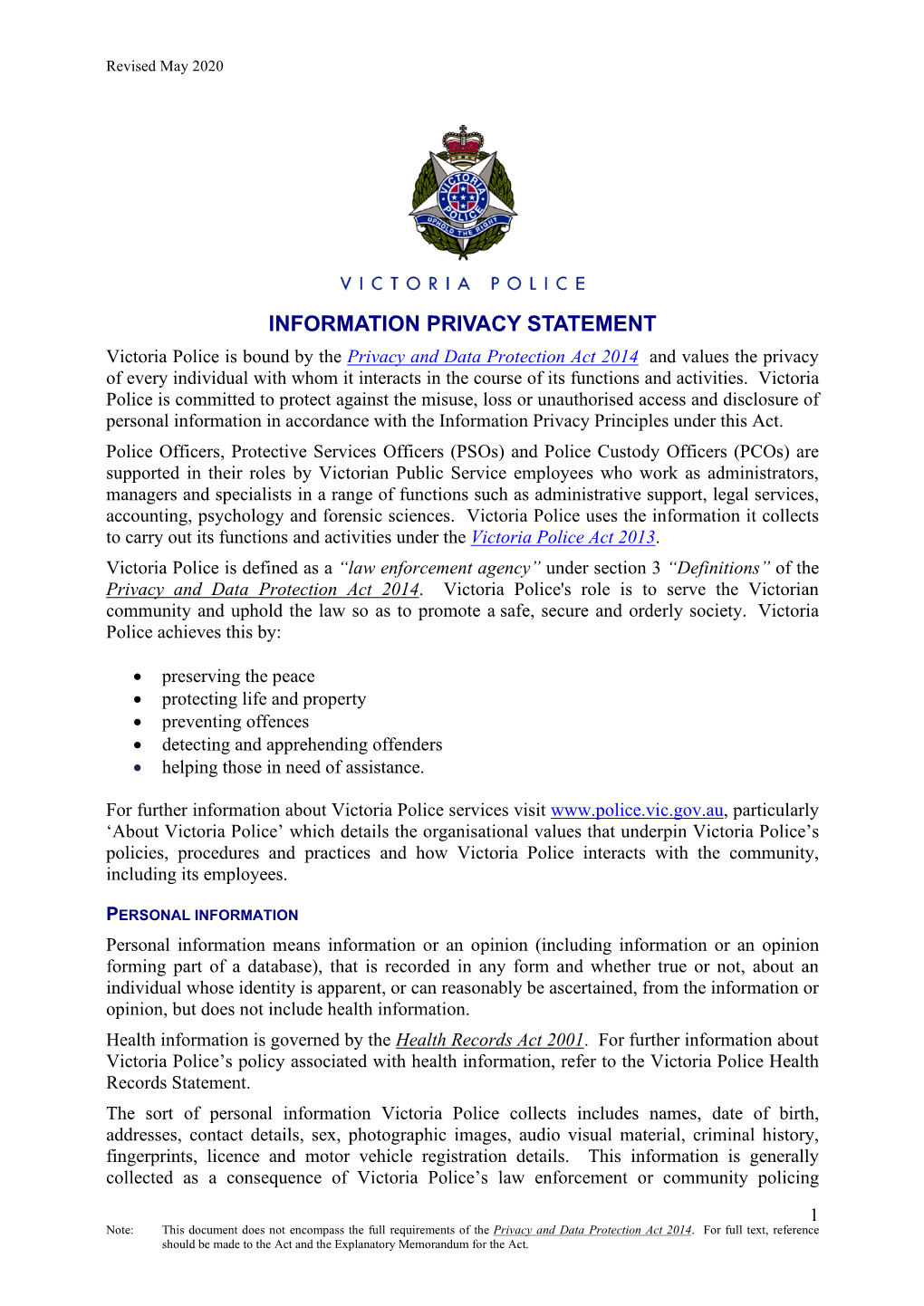 Victoria Police Information Privacy Statement Pdf 140.72 KB