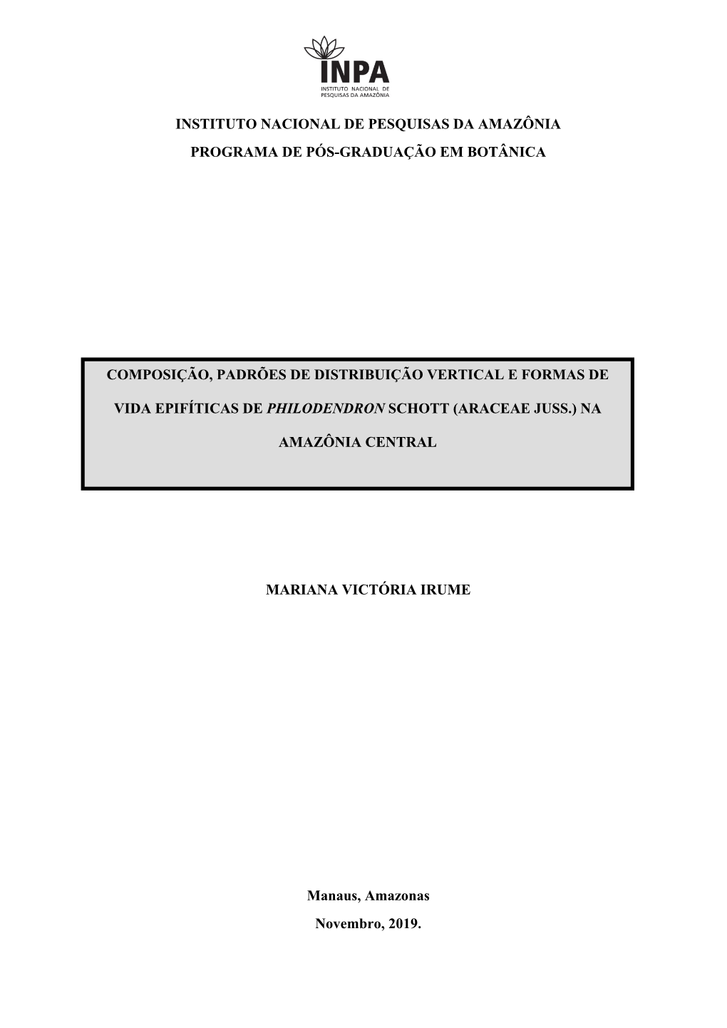 Instituto Nacional De Pesquisas Da Amazônia Programa De Pós-Graduação Em Botânica