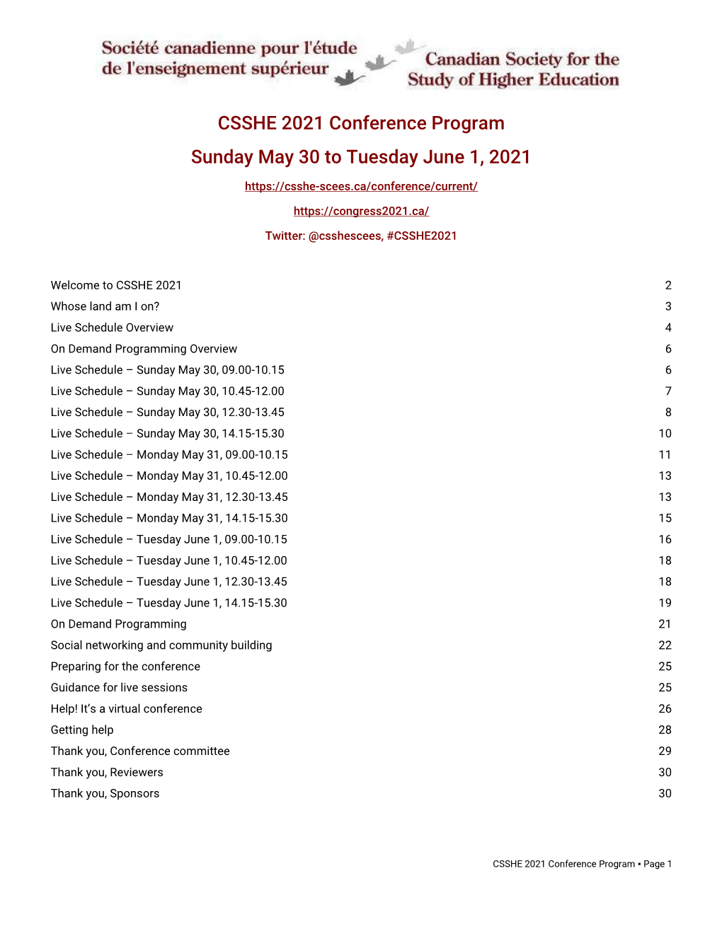 CSSHE 2021 Conference Program Sunday May 30 to Tuesday June 1, 2021