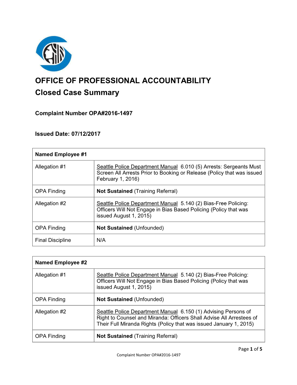 OFFICE of PROFESSIONAL ACCOUNTABILITY Closed Case Summary